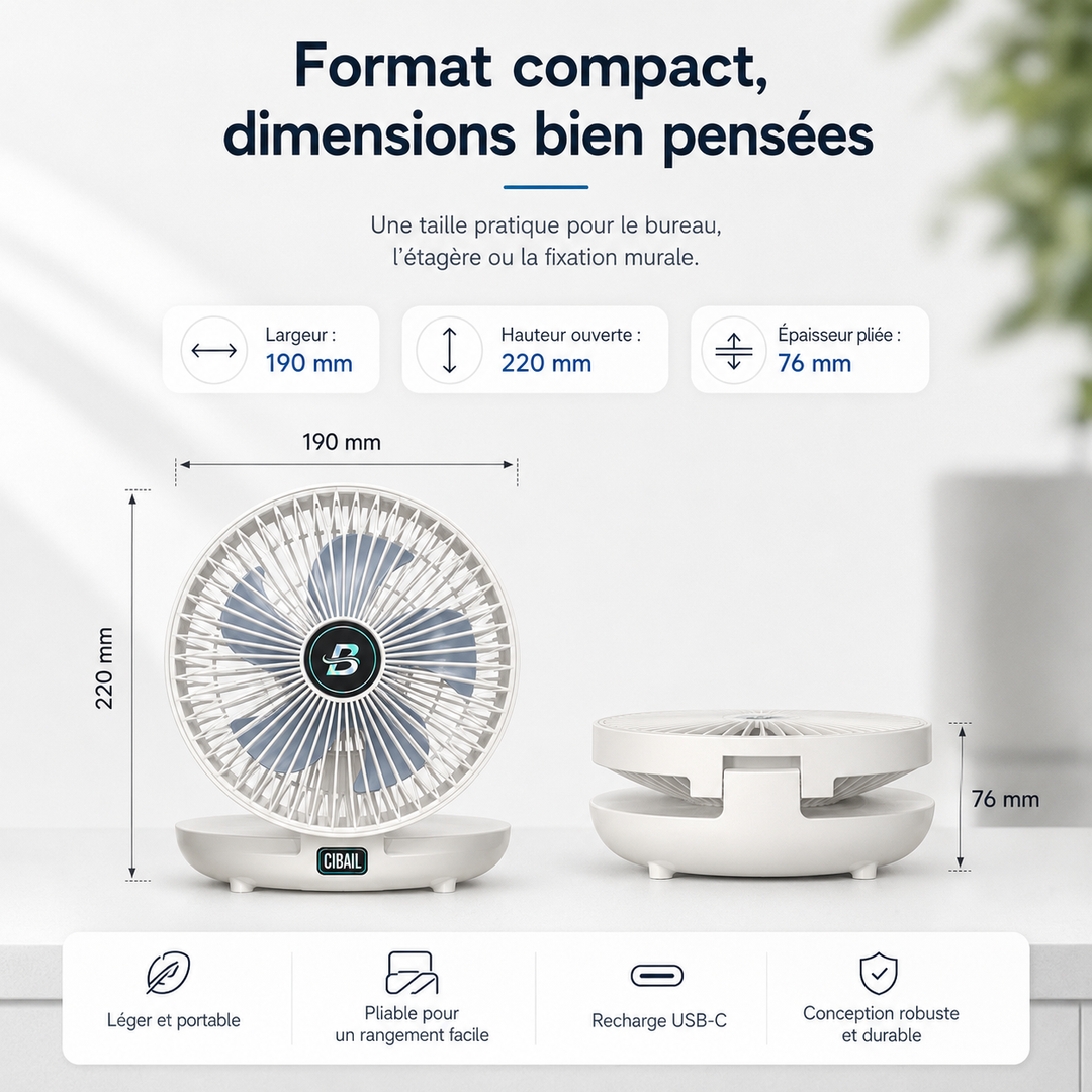 Petit ventilateur pliable rechargeable, parfait pour la maison, le bureau ou la cuisine. Mural ou de table.