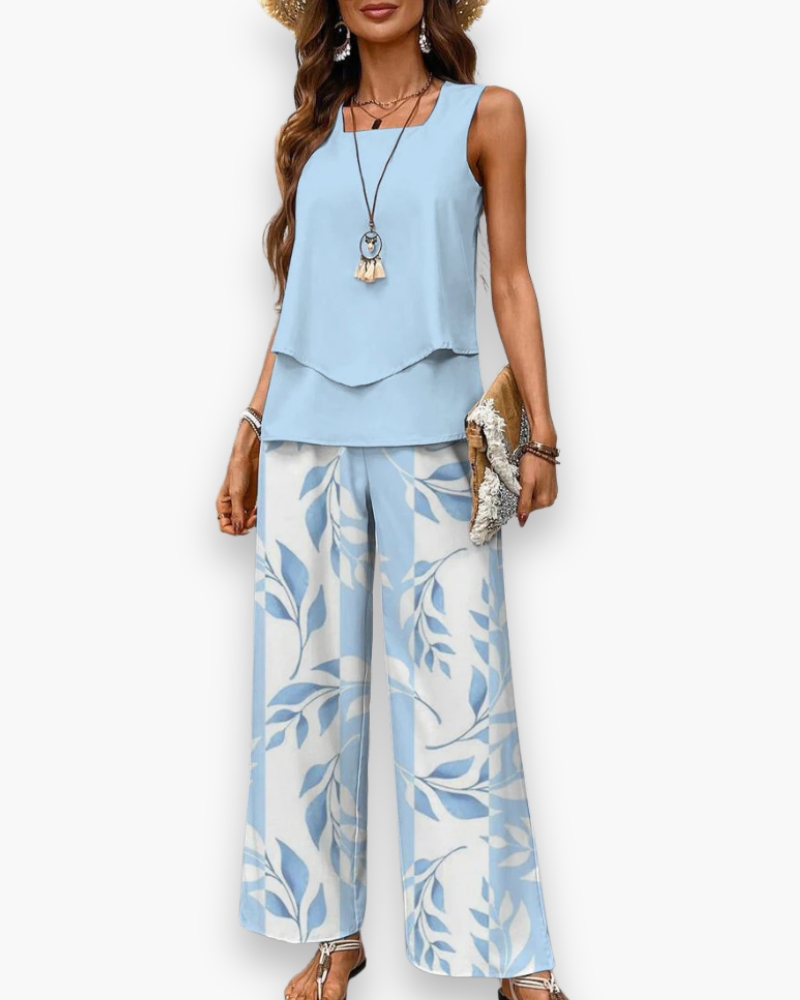 Ensemble fluide femme chic et confortable pour l'été, incluant pantalon et haut sans manches. Idéal mode estivale.