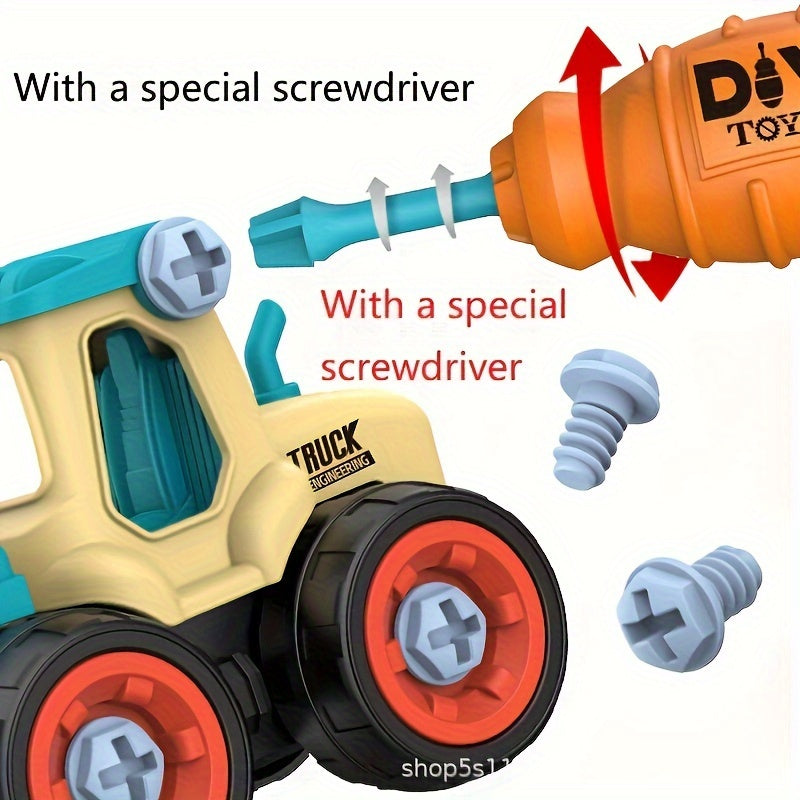 Enfant assemblant un camion jouet éducatif avec le kit de construction DIY en plastique, jeu manuel créatif.