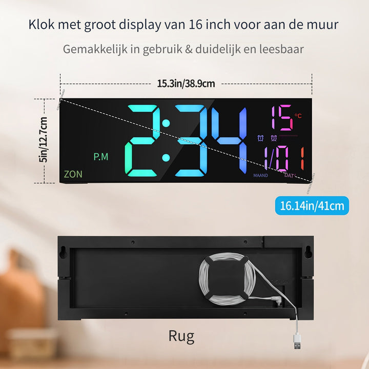 Horloge numérique géante pour salon, LED 8 couleurs, affichage moderne de l'heure et de la date.