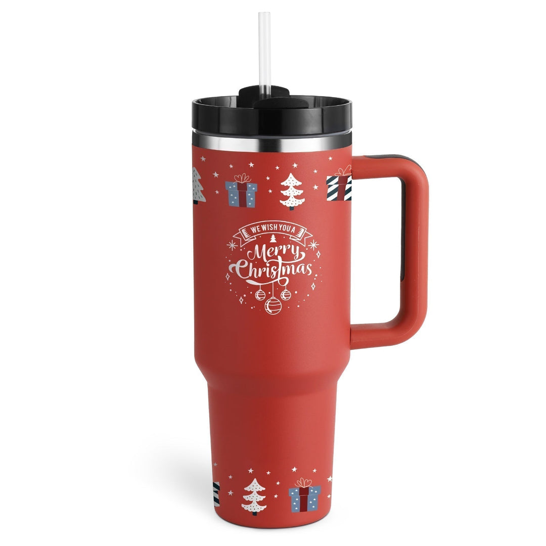Grande tasse isolante avec poignée confortable et paille rétractable.