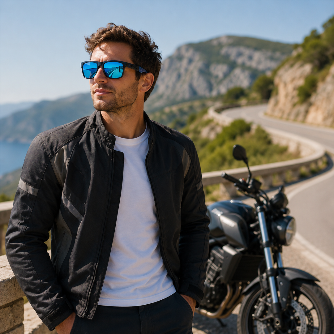 Vision optimale et protection avec lunettes UrbanGuard polarisées, anti-lumière bleue, style motard urbain.