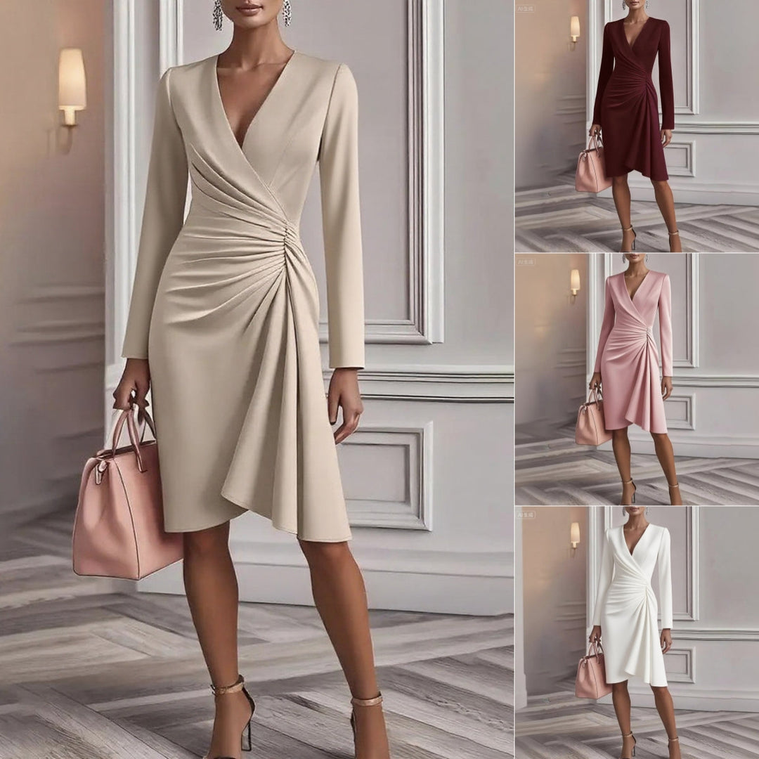 Robe midi femme élégante col V froncé, coupe ligne A flatteuse. Idéale pour cocktail, soirée.