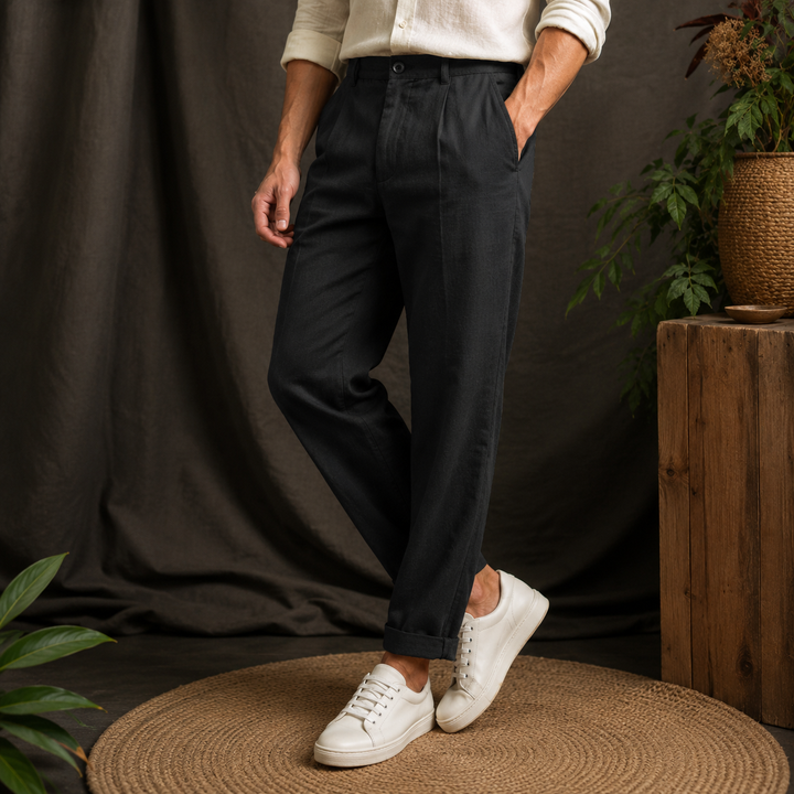Pantalon homme vert confortable à taille élastique, coupe décontractée et ample, parfait pour l'été.