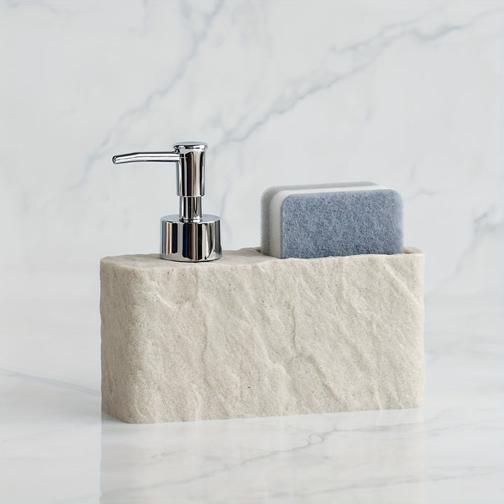 Kit hygiène pratique : distributeur de savon en pierre moderne avec support éponge intégré pour une organisation facile.