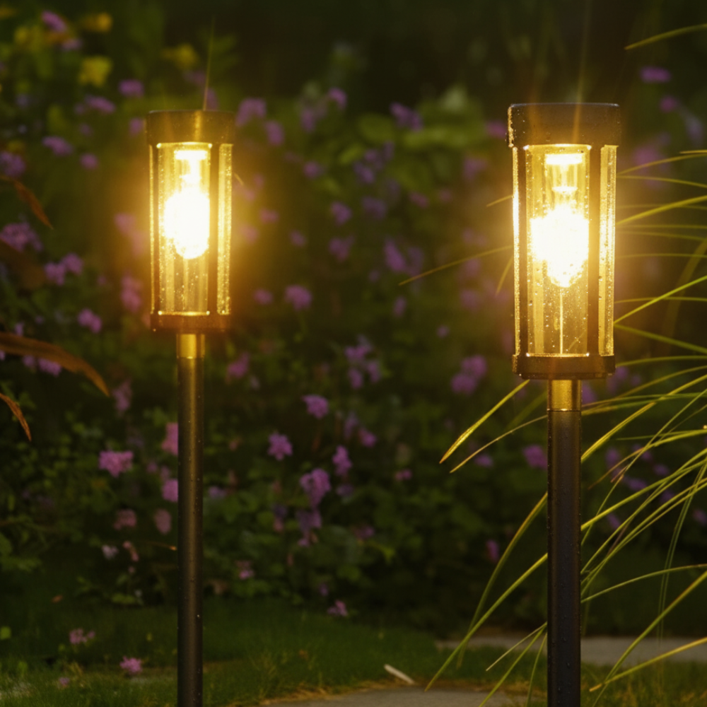 Lampe solaire de jardin économique à piquet LED, éclairage extérieur autonome et décoratif.