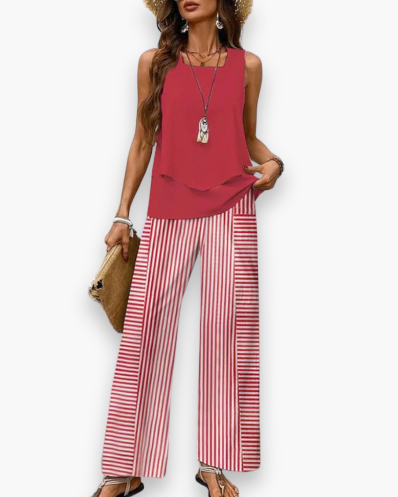 Mode estivale: Ensemble femme fluide et élégant. Tenue chic avec pantalon et haut sans manches, très confortable.
