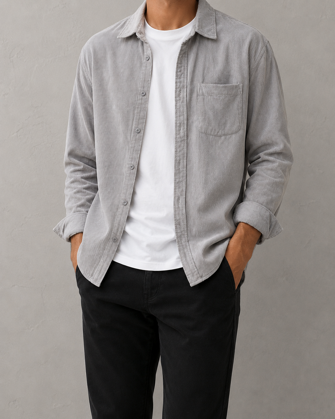 Chemise homme élégante en velours côtelé bleu, manches longues. Style décontracté chic pour automne/hiver.