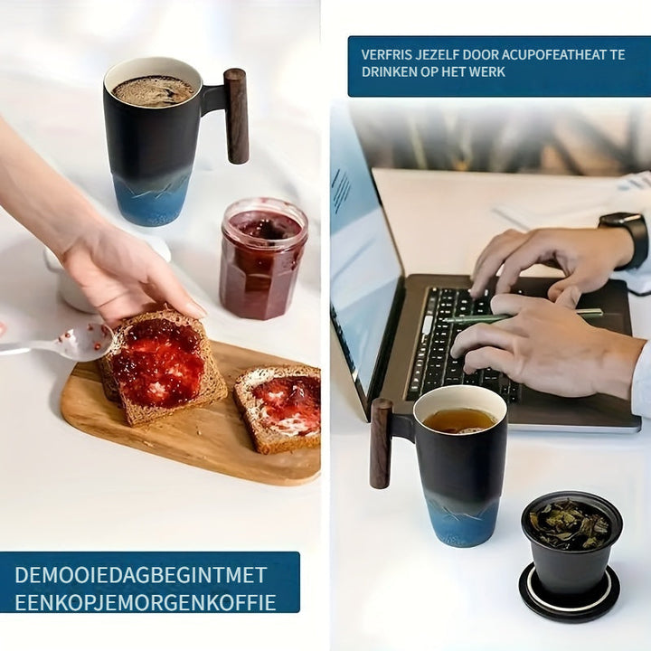 Ustensile de dégustation: tasse à thé en céramique artisanale avec filtre, pour les amateurs de thé et café.