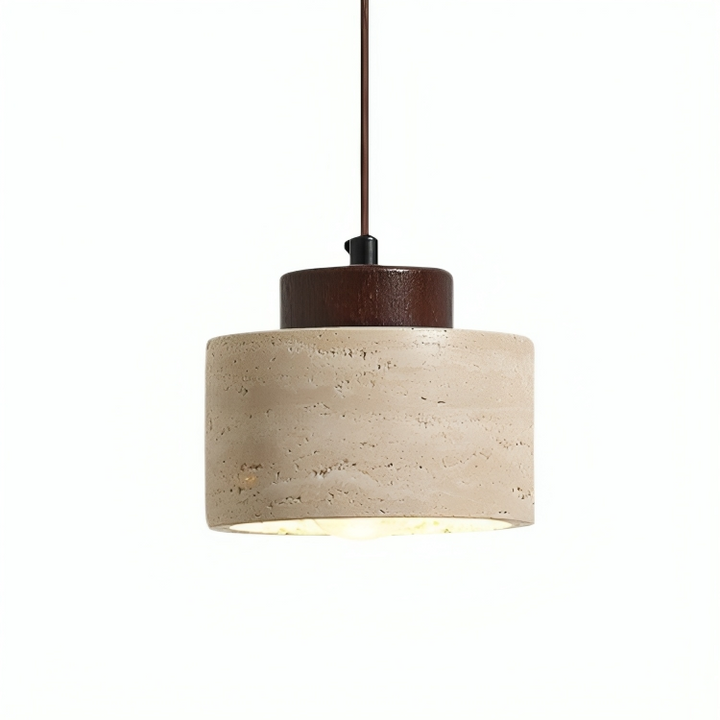 Plafonnier minimaliste en travertin et bois clair, créant une atmosphère douce et accueillante.