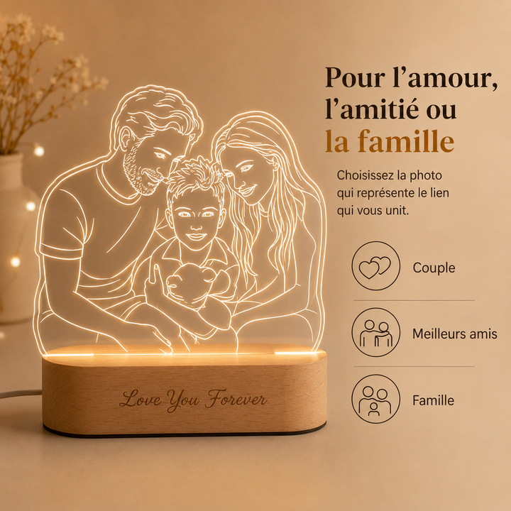 Lampe LED personnalisée USB, photo gravée, cadeau romantique parfait pour couple et souvenir unique.