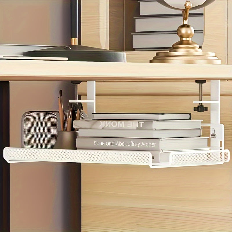 Étagère de bureau métallique réglable noire pour organisation d'espace de travail minimaliste et rangement.