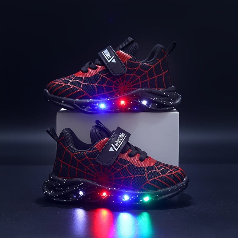 Baskets lumineuses enfant, design toile d'araignée, chaussures LED sportives pour printemps et automne.