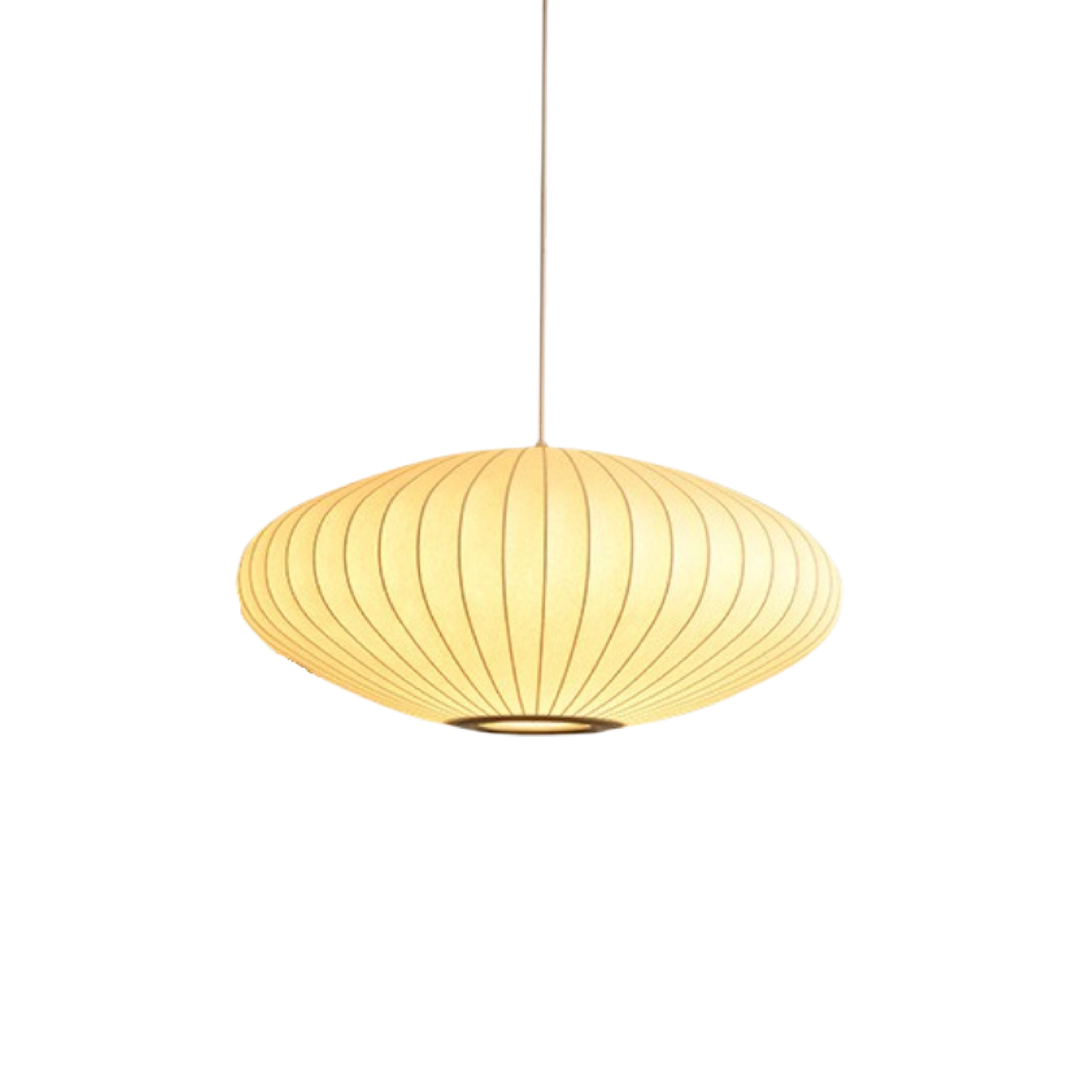 Lampe suspendue en soie élégante, style Japandi Wabi-Sabi, pour un salon ou chambre apaisante.