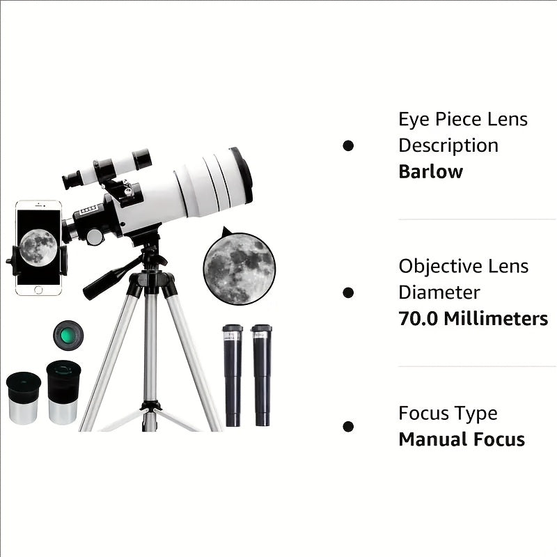 Télescope F30070 sur trépied, exploration céleste facile, pour l'astronomie et l'observation des étoiles.