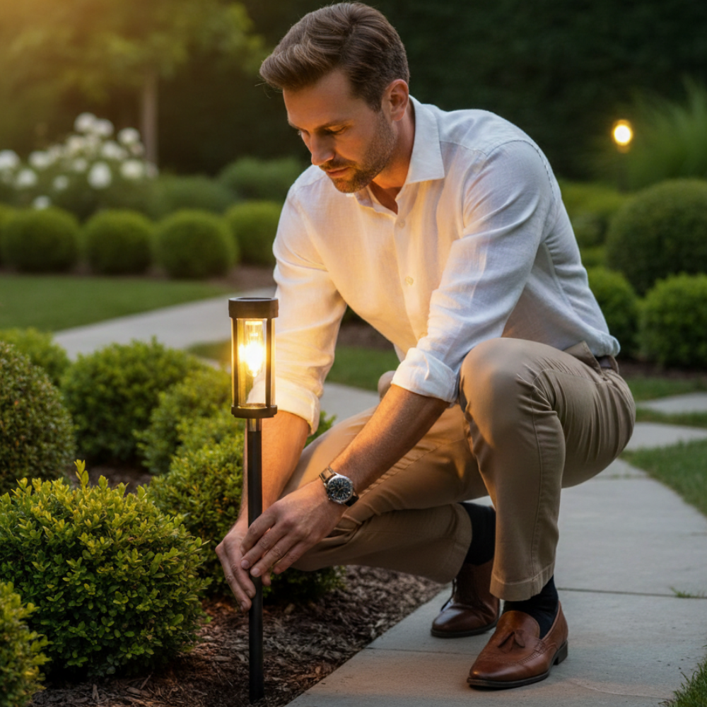 Éclairage paysage solaire à piquet LED pour jardin, crée une ambiance extérieure lumineuse et moderne.