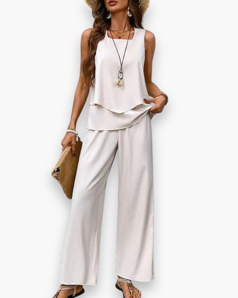 Ensemble femme d'été fluide, chic et confortable. Idéal pour une tenue estivale élégante et sans manches.
