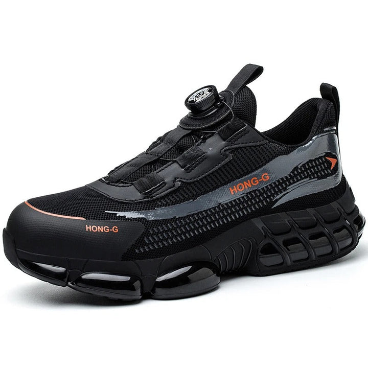 Chaussures de sécurité professionnelles, couleur noire, anti-écrasement, avec lacet rotatif pour usage intensif.
