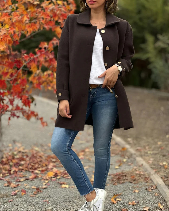 Manteau femme automne/hiver, style élégant décontracté, avec col polo classique et laçage tendance.
