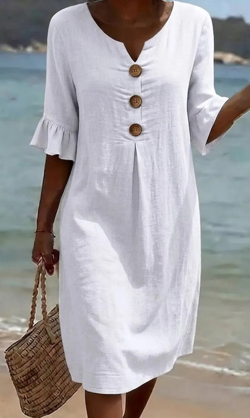 Robe femme coton lin boutonnée, manches volantées. Style estival décontracté, parfaite pour l'été.