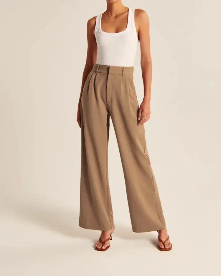 Pantalon habillé femme à jambe large et taille haute, élégant pour bureau ou chic décontracté, parfait automne.
