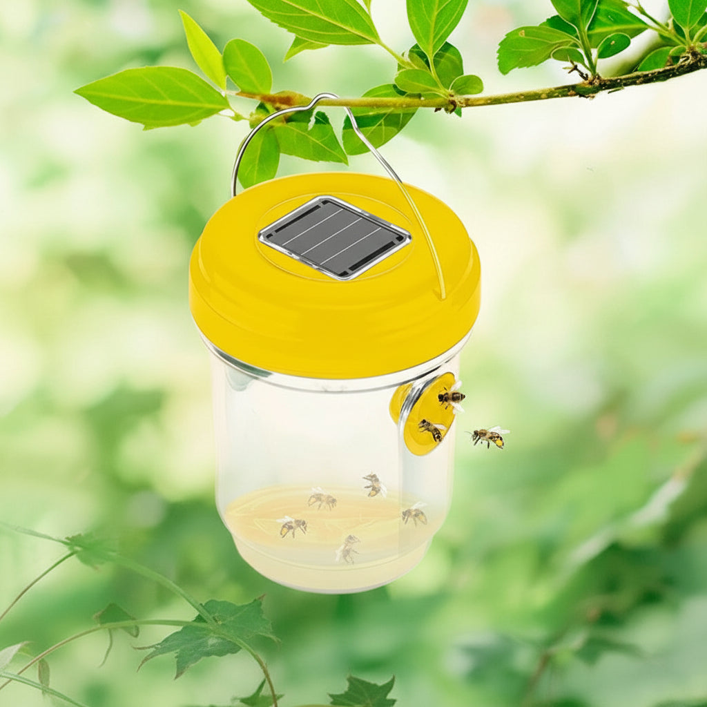 Piège à guêpes et frelons solaire autonome, idéal pour protection écologique du jardin et de la terrasse.
