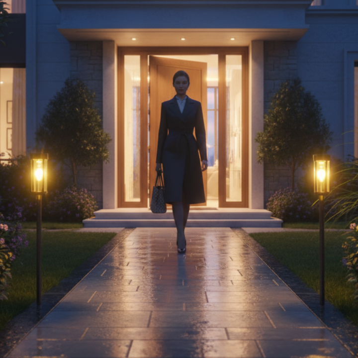 Piquet lumineux LED solaire design, éclairage moderne pour chemin et décoration de jardin extérieur.