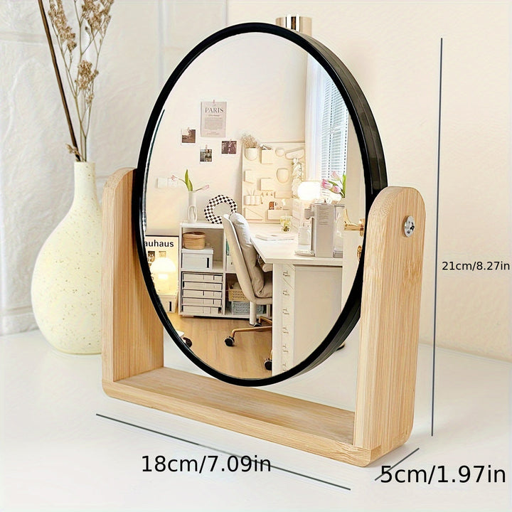 Élégant miroir cosmétique compact en bambou, double face, parfait pour la beauté quotidienne.