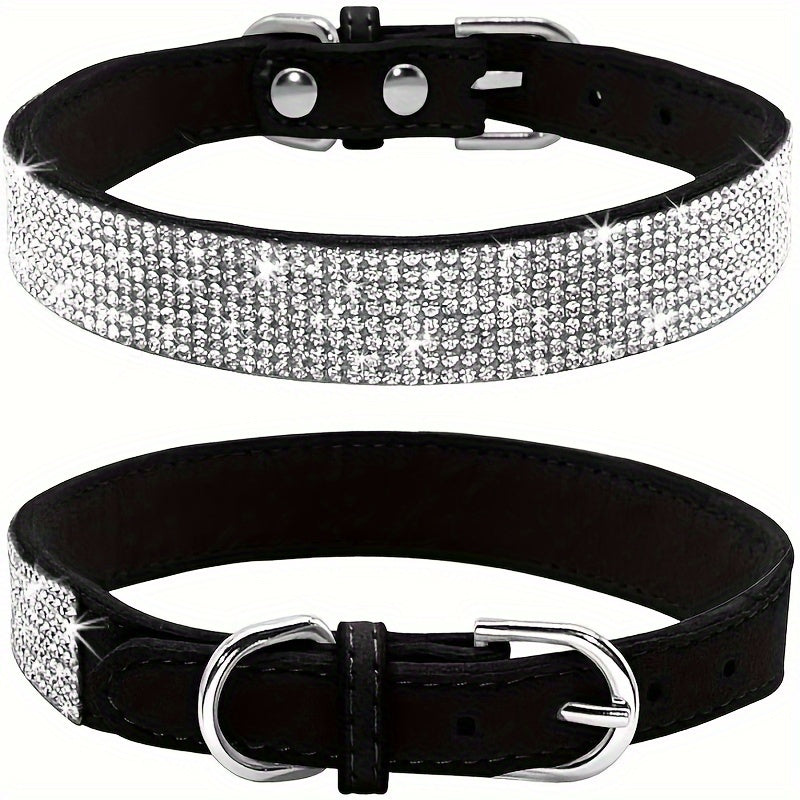 Collier chien cuir noir réglable avec strass, élégant et durable pour petits chiens.