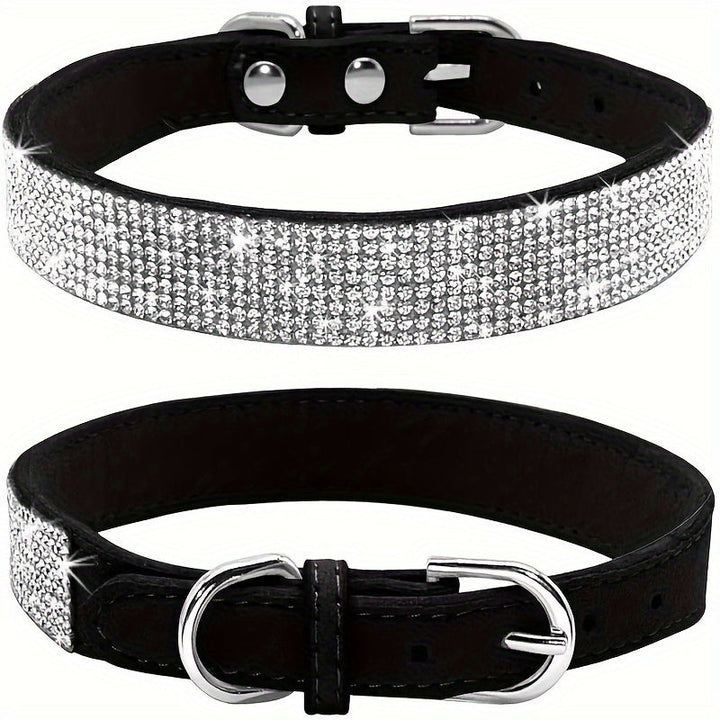 Collier chien cuir noir réglable avec strass, élégant et durable pour petits chiens.