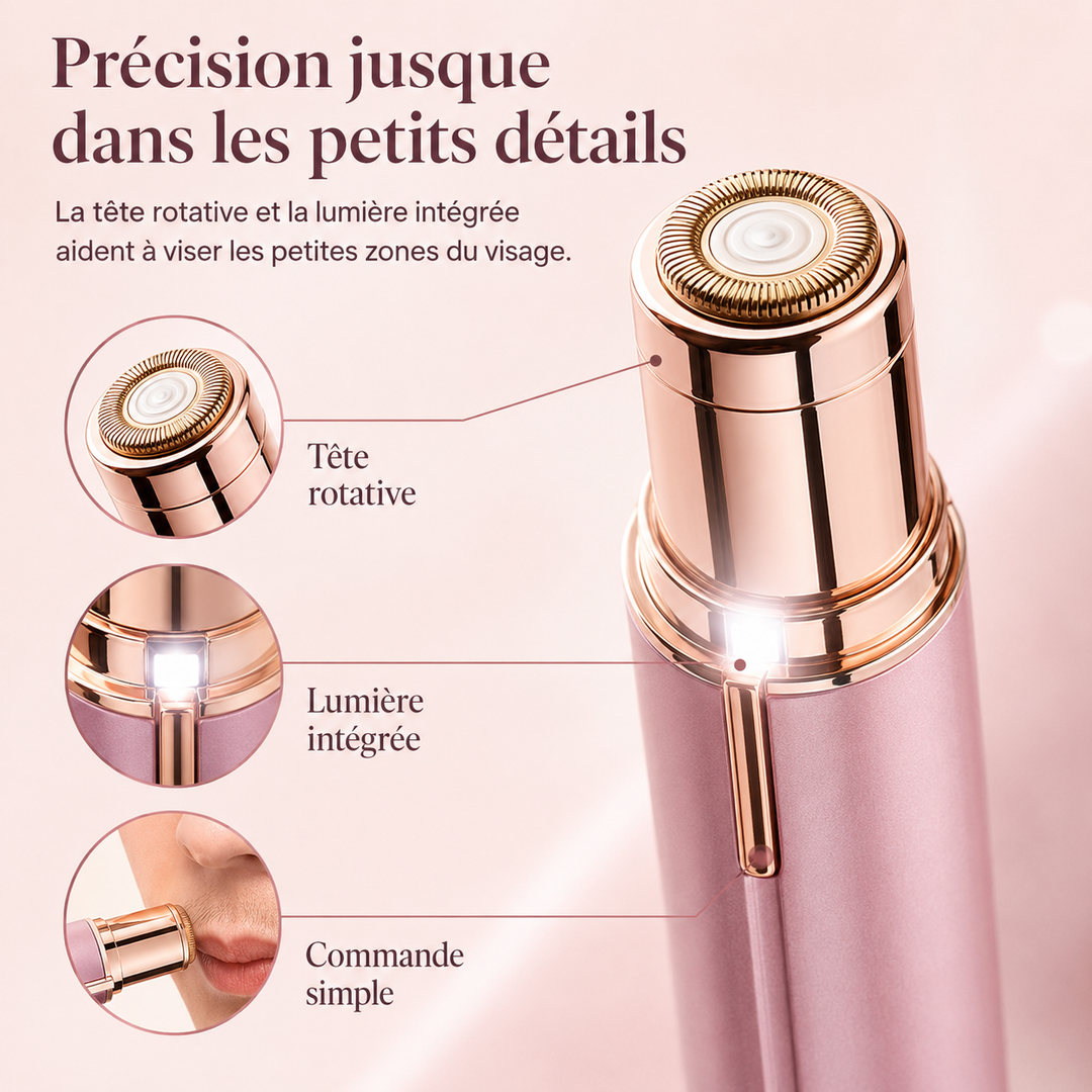 Gros plan de l'épilateur facial électrique rechargeable femme. Design ergonomique pour une prise en main facile.