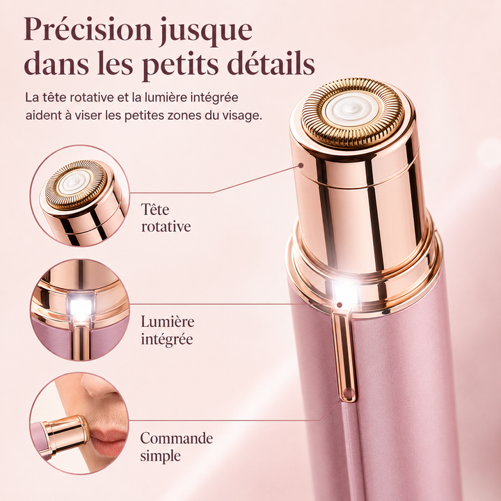 Gros plan de l'épilateur facial électrique rechargeable femme. Design ergonomique pour une prise en main facile.