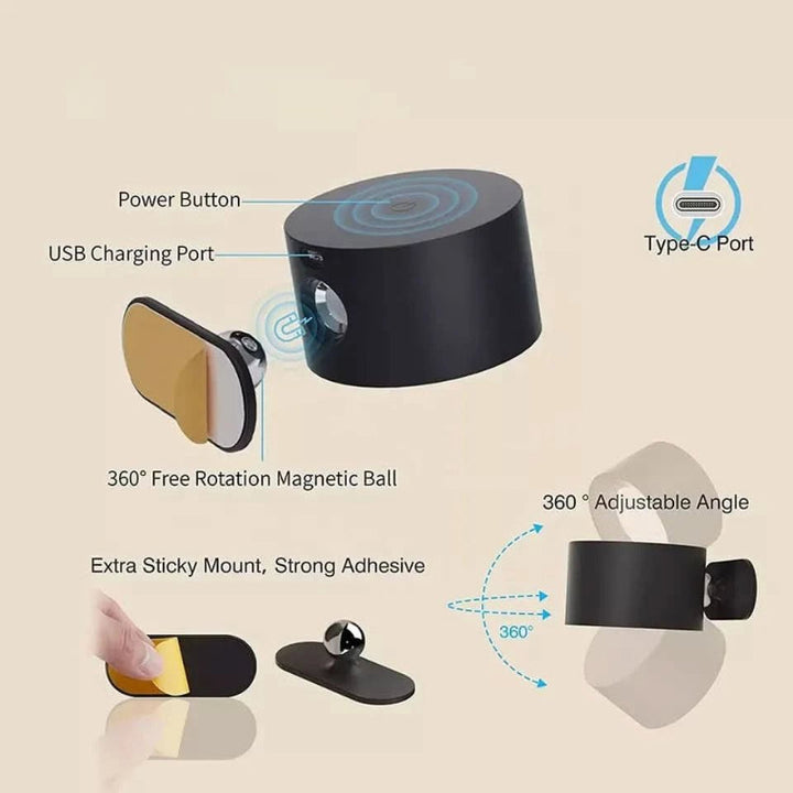 Lampe murale LED design moderne 360°, sans fil, rechargeable par USB. Éclairage intérieur polyvalent.