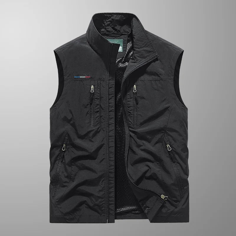 Gilet sans manches homme, polyvalent avec de multiples poches pratiques pour outils, pêche ou photographie.