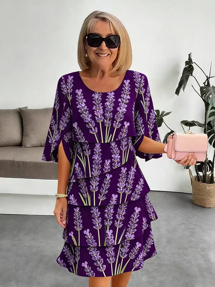 Robe mi-longue femme lavande imprimé floral, volants superposés, manches fendues. Printemps été.