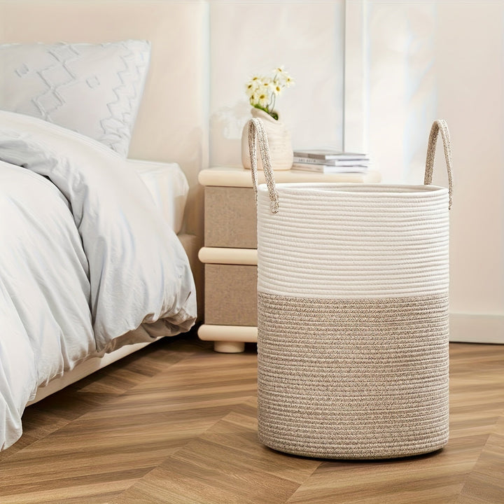 Panier élégant en jute et coton, bicolore, pour le linge et le rangement pratique.