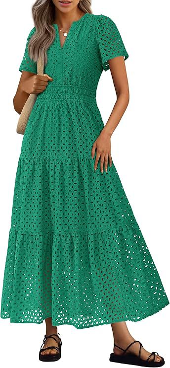 Robe longue estivale, femme, col V, manches courtes, parfaite pour la plage.