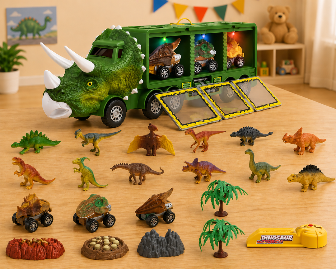 Grand camion jouet dinosaure interactif pour enfants, lumières et sons. Idéal cadeau garçons et filles.