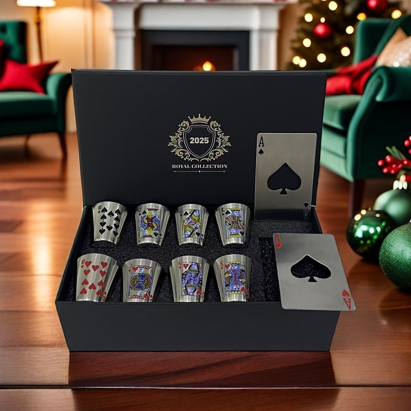 Verres à whisky avec design cartes à jouer, set cadeau parfait pour amateurs. Inclus tire-bouchons inox.