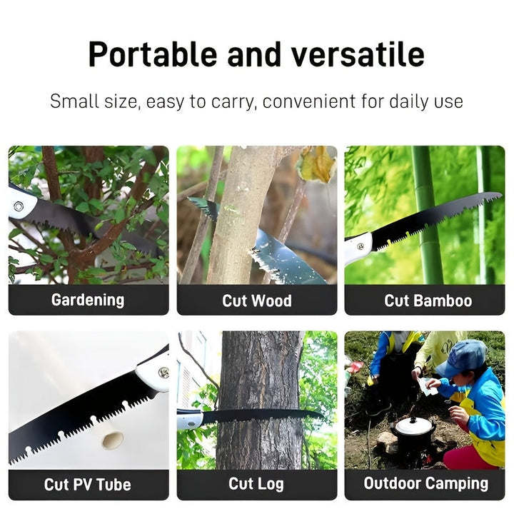 Scie à bois portable, pliable et extensible, idéale pour le jardinage et le camping.