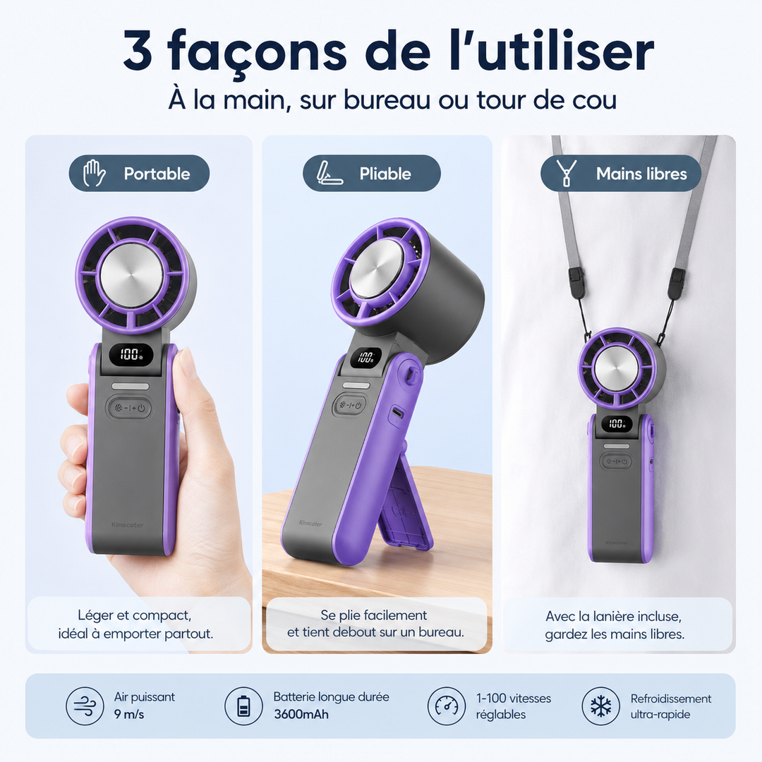 Rafraîchissez-vous cet été avec ce ventilateur portable pliable rechargeable USB-C, parfait pour l'extérieur.