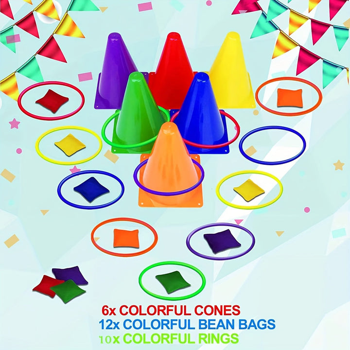 Jeu de cible coloré et amusant pour toute la famille, avec cônes, anneaux et sacs, idéal pour le plein air.