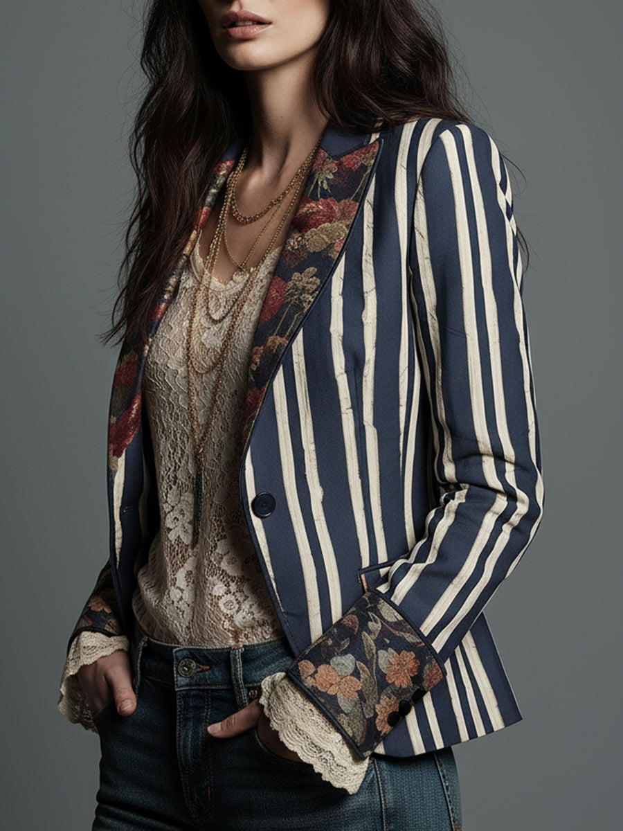 Veste à manches longues bohème, rayures chics et motifs floraux vintage, idéale pour l'automne.