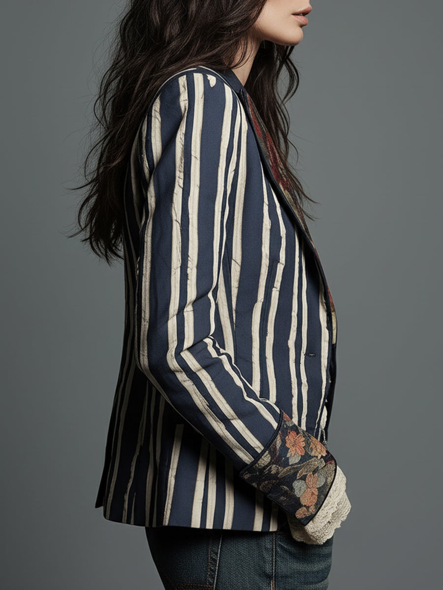 Blazer femme chic et vintage, rayures subtiles, imprimé floral bohème, parfait pour le quotidien.