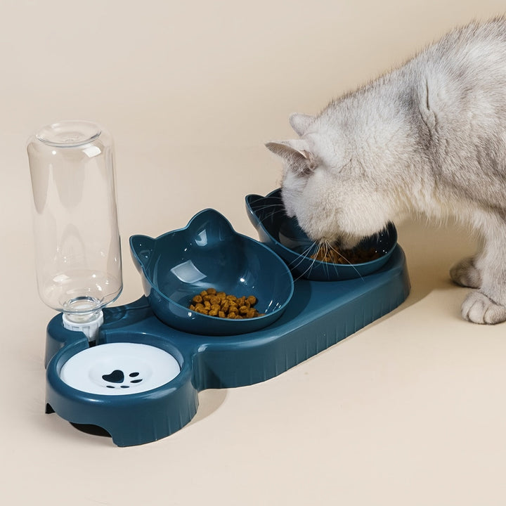 Distributeur d'eau et bols inclinés pour chats, solution complète pour l'alimentation et la boisson.