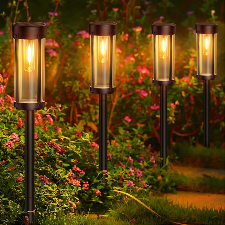 Ensemble de lampes solaires à piquet LED, éclairage de chemin et décoration de jardin extérieur moderne.