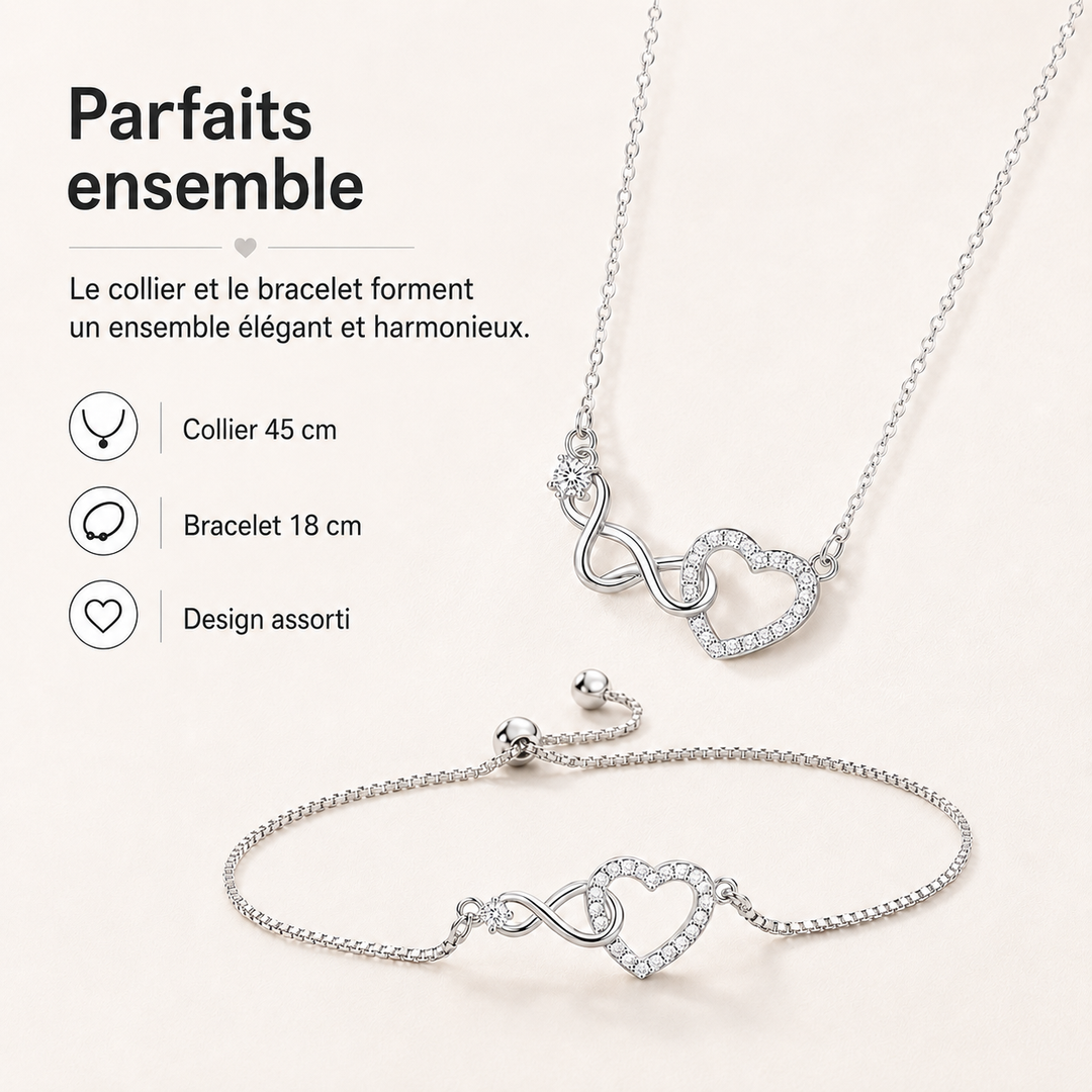Élégant ensemble bijoux cœur pour femme, en argent et zircone, parfait pour l'amour.