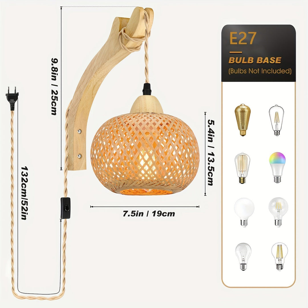 Applique en bambou tressé, style vintage avec prise. Idéale comme lampe murale décorative et naturelle.