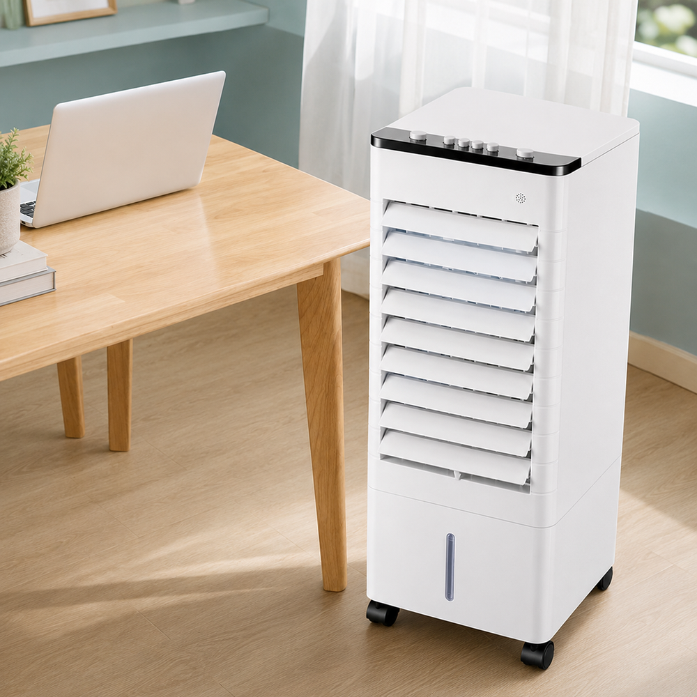 Détail du panneau de contrôle du refroidisseur d'air mobile 3-en-1, idéal pour rafraîchir et purifier votre intérieur.