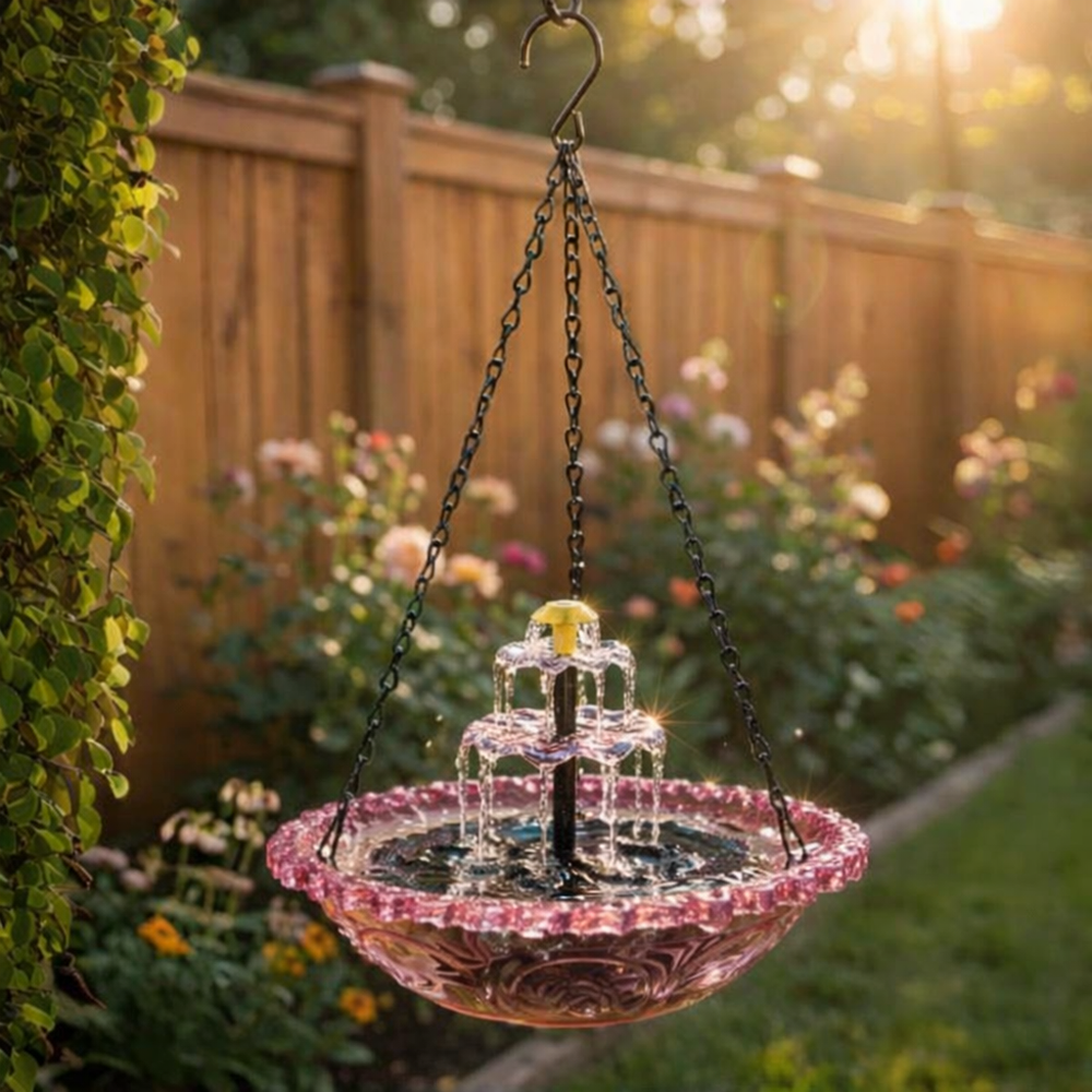 Fontaine solaire suspendue avec cascade, idéale jardin, balcon ou terrasse, abreuvoir oiseaux, décoration.